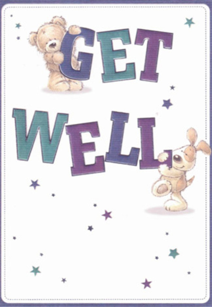 A celebration of encouragement unfolds across this get well card, its friendly illustrations crafted with the warmth and care characteristic of Lisson Grove's neighborhood florists. A gentle bear, plush and huggable, sits with a puppy whose velvety ears seem ready for a comforting nuzzle-together, they anchor the scene with affection. Confident typography shaded in purples and aquas brings a sense of cheerful steadiness, reminiscent of the lively tones seen along the Grand Union Canal. Whimsical starbursts float across a creamy background, like good wishes drifting up beyond the rooftops of Alfies Antique Market. The tactile quality of the card-expressed in every fuzzy detail and bold letter-offers a quiet reassurance akin to sending a bouquet bursting with hope and renewal. The light, airy atmosphere is perfect for lending emotional lift to anyone in recovery, reflecting the gentle support found throughout Lisson Grove.