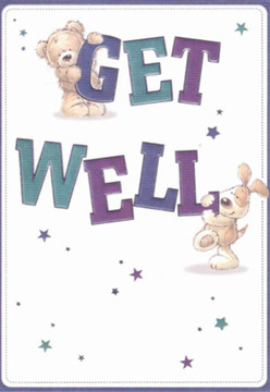 There's an immediate sense of comfort stitched into this get well card's inviting artistry. Rendered with thoughtful detail, a friendly teddy clings atop the word 'GET' while a cheerful puppy snuggles the strong 'WELL' below, their eyes filled with understanding and gentle hope. Hues of deep purple and serene teal give the text a bold, confident presence, reminiscent of the vibrant seasonal palettes seen at Lisson Grove's local flower markets. Twinkling starbursts scatter above and around, infusing the card with an aura of positivity and magic found in quiet corners of Regent's Park. The crisp, clean white backdrop establishes an atmosphere of calm-something well cherished by residents and visitors from Abbey Road to the bustling High Street. Each detail, from the soft look of fur to the animated expressions, feels as intentionally placed as the blooms in a bespoke recovery bouquet, making this card a nurturing reminder from Lisson Grove's caring community.